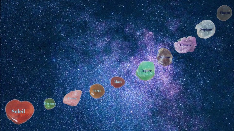 Illustration du ciel et des planètes sous la forme de cristaux.