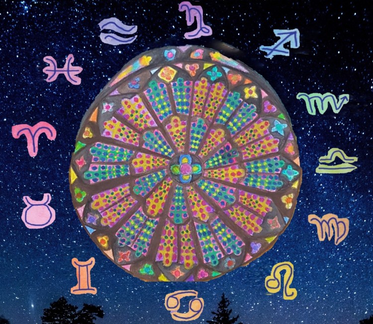 Roue du Zodiaque dans un ciel nocturne.