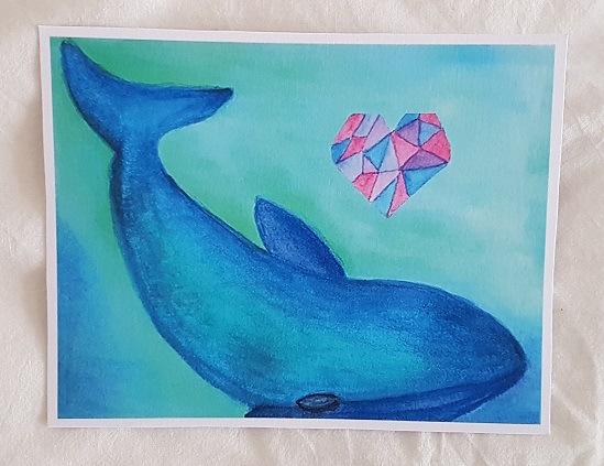 Peinture aquarelle d'une baleine bleue accompagnée d'un coeur.