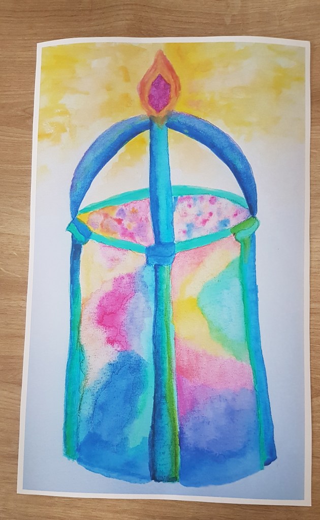 Peinture aquarelle d'une bougie aux multiples couleurs.