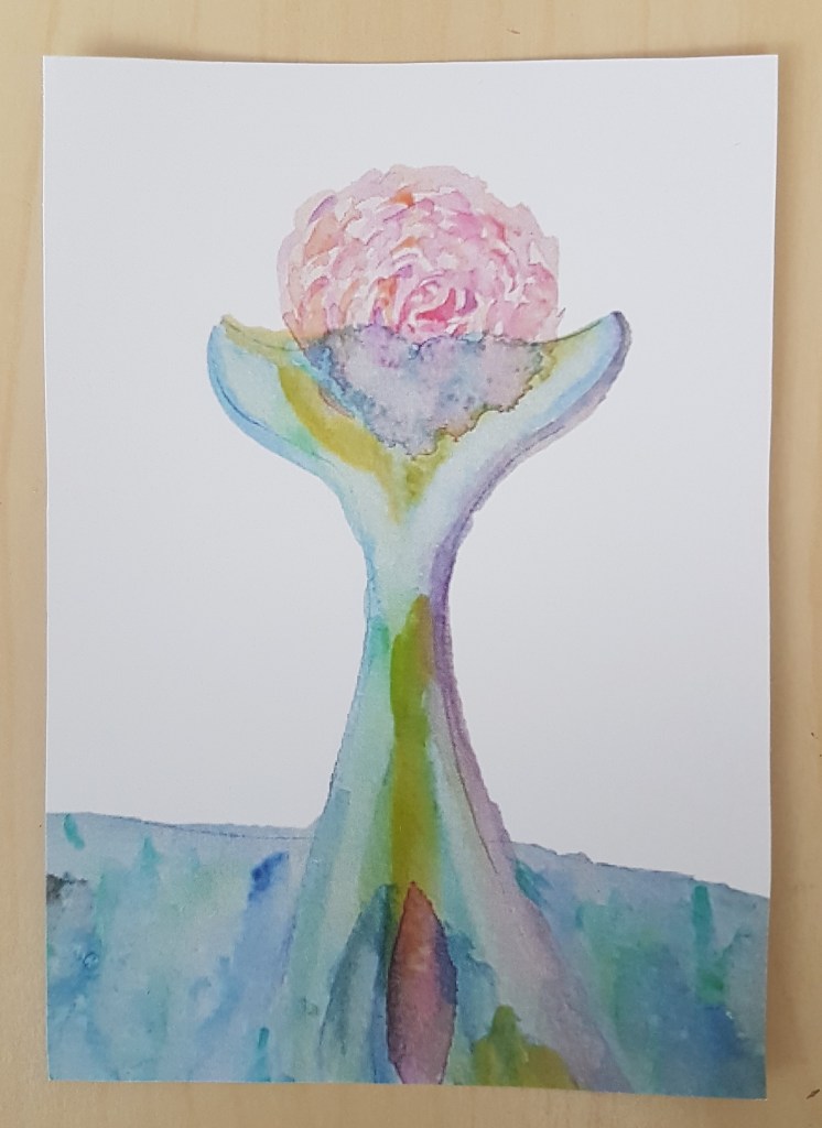 Paysage aquarelle d'une rose avec un dauphin