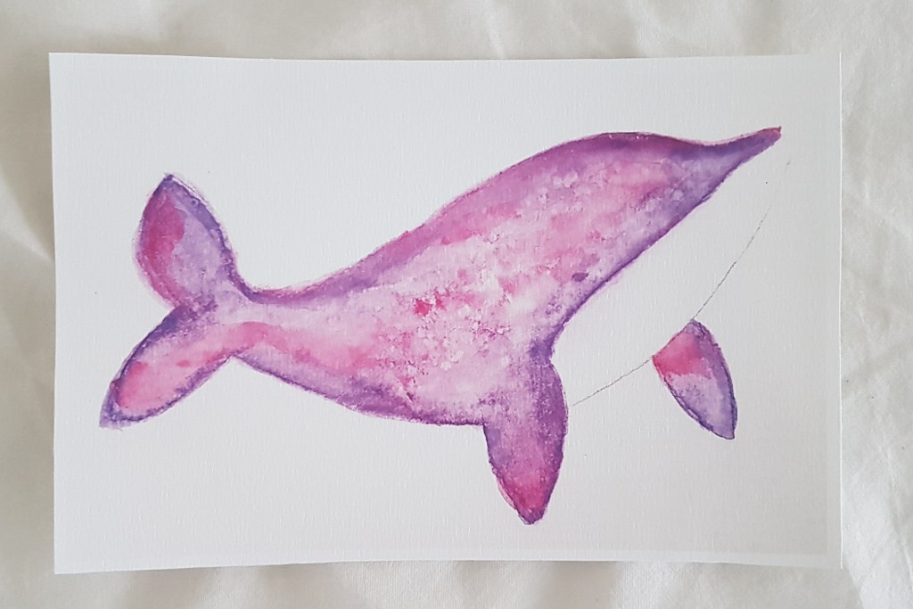 Peinture aquarelle d'une baleine violette aux couleurs cosmiques.